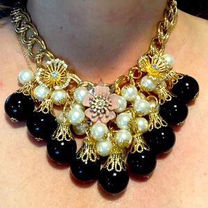 Statement necklace, flowers, gems gold,black, pink